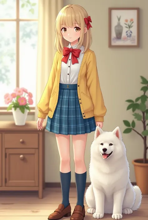 
wear a pastel yellow cardigan over a white collared-shirt, pastel yellow cardigan, long sleeves, (button-up), (white collared-shirt:0.8), (big red ribbon bow on neck), vivid blue plaid pleated skirt, (navy knee socks), brown loafers,
Japanese actress, bea...