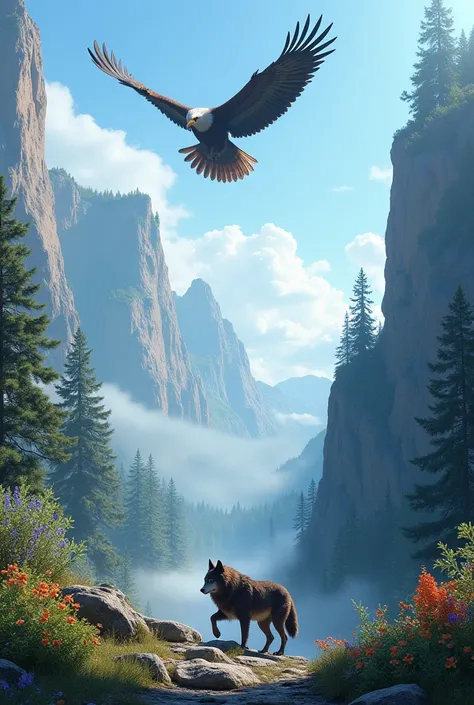 Prompt: "A serene nature scene featuring a majestic eagle soaring through a clear blue sky above a rugged mountain landscape. Below, a powerful wolf is seen pacing across a rocky terrain surrounded by trees and wildflowers. The setting includes towering cl...