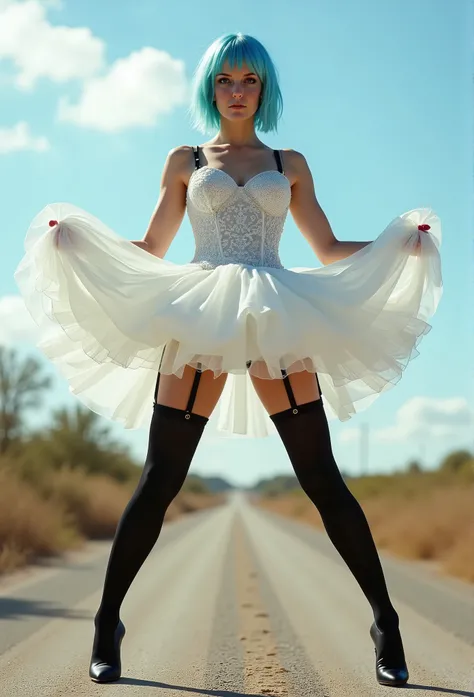 Tütü is shorter  ,  insist , dass die Legs wide apart stehen, standing on tiptoes, insist ,  that a black latex stocking strap is worn visibly , head up, Honestly ,  black wet latex stockings are significantly higher than the knee construction, on tiptoes,...