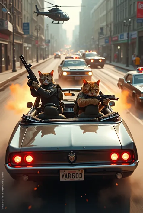 A convertible car with 3 cats in it, With guns and machine guns, On the run from the police,  seen from a helicopter 