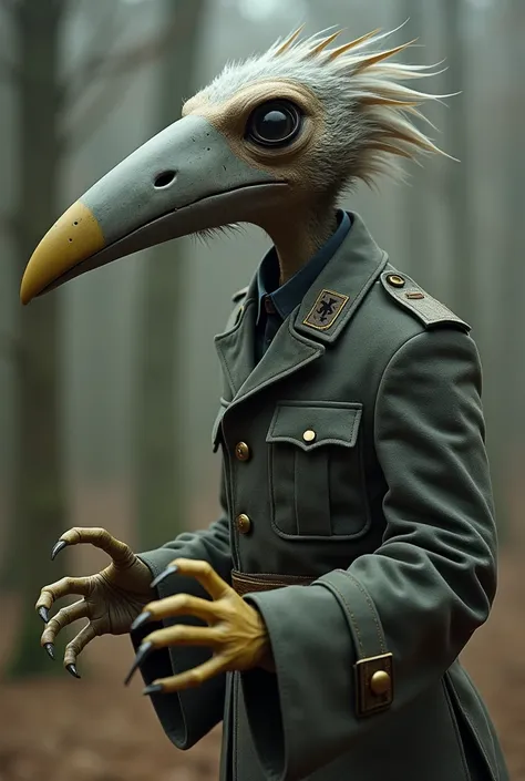 A humanoid very slim feathered creature, very big and long and grey beak, no nostrils, he doesnt have eyes nor eye sockets, no teeth, wears a ww1 german uniform, the uniform is very damaged,  has 3 big yellowish talons on his hands, has very thin body prop...