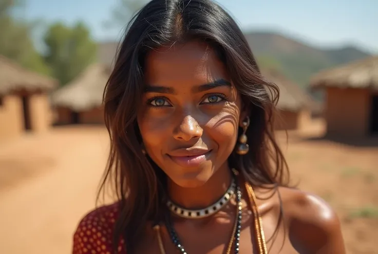  Take a picture of a very beautiful Indian woman with very bright big blue eyes and big breasts ,photo in front of and close to the camera  , In the background a village in an earthen town ,  Realistic photo 