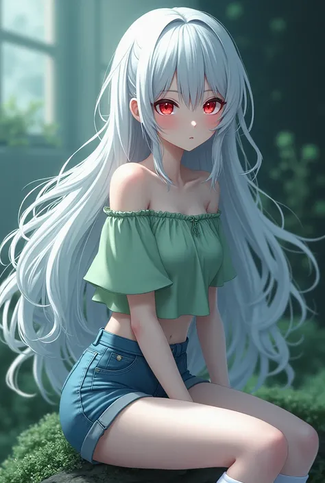  very long white hair, red eyes, pale skin, off bardot light green top, Blue Denim shorts, white socks, black lolita shoes, anime girl