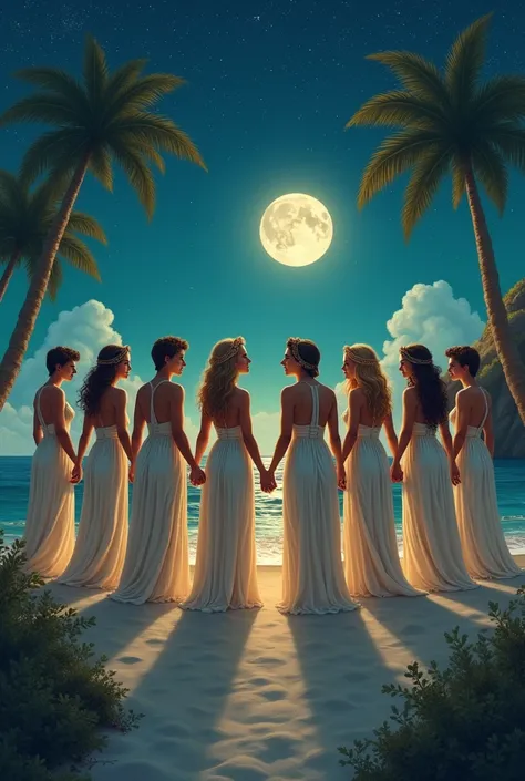 ten couples  (each pair holding hands ) ( each pair consisting of a man and a woman)  from Olympus on an island at night  (drawn on real people)