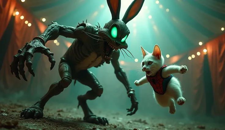 
"

"Create a dramatic scene with a giant, zombie Bugs Bunny with glowing green eyes, towering over a white cat wearing a Spider-Man suit. The zombie Bunny should have a decayed, monstrous appearance, reaching out with menacing hands. The cat is in mid-lea...