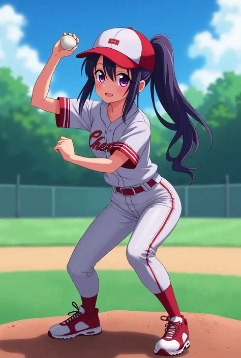 Japanese animation style、High school girl、Baseball uniform 、 Baseball Cap 、left pitcher、Dark Purple Long Hair、single ponytail、 purple pupils