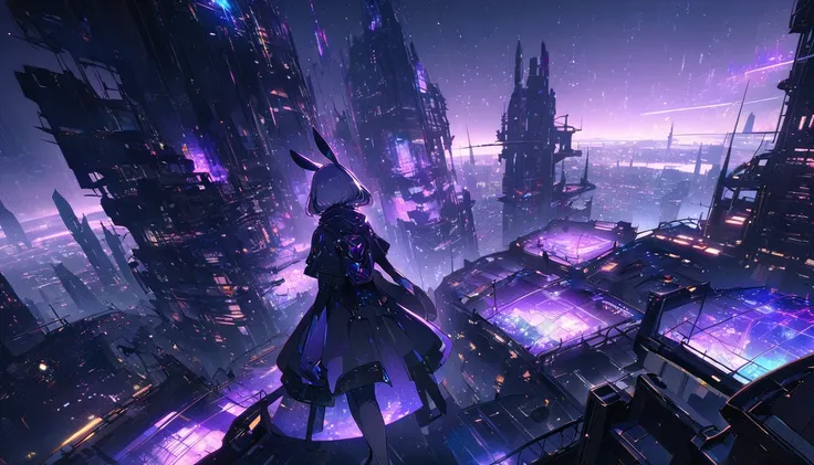 Full outdoor shot of a futuristic city at night. 

A stylized, anime-like female character, seen from behind, stands on a rooftop overlooking the cityscape. She has long dark hair, rabbit-like ears, and is wearing a dark-colored, short-sleeved jacket over ...