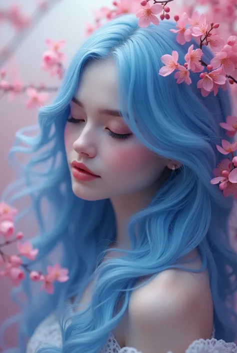 A blue lng hair lady with pink flower background