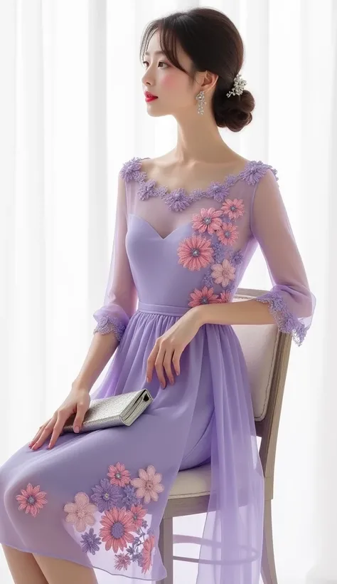 A hyper-realistic depiction of a slender Japanese woman wearing a lavender floral embroidered midi dress with a sheer overlay featuring pink and purple flower details. The dress has a boat neckline, three-quarter length sheer sleeves, a fitted waist with a...