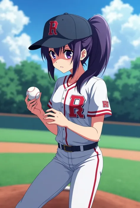 Japanese animation style、High school girl、Baseball uniform 、 Baseball Cap 、left pitcher、Dark Purple Long Hair、single ponytail、 purple pupils