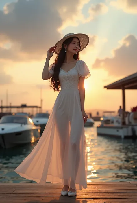 An extremely detail photo of an Asian woman with long hair wearing an intricate short-sleeved dress decorated with pleats on the shoulders and customized flat shoes. She is wearing a wide brimmed hat and is holding onto the edge of the hat. The woman is po...