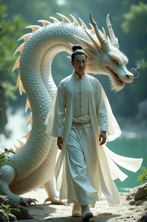 a man dressed in white chinese along with a dragon walks together