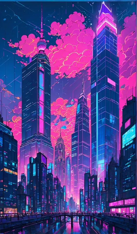 masterpiece, beautiful illustration, neon, neon purple, pink and blue colors, Shanghai, modern metropolis, a lot of light, two large skyscrapers, two high-rise buildings, night, dark blue sky, 
stained glass drawing style