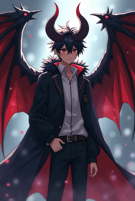 Create anime boy have eagle wing in left and devil wing in right side.



