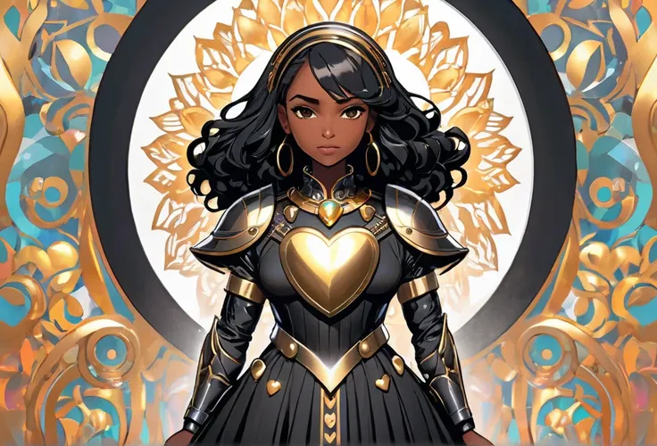 A black woman dress in casual outfit using a shield to cover her heart
 (masterpiece best quality:1.2) delicate illustration ultra-detailed, illustrations, bright, colourful, 