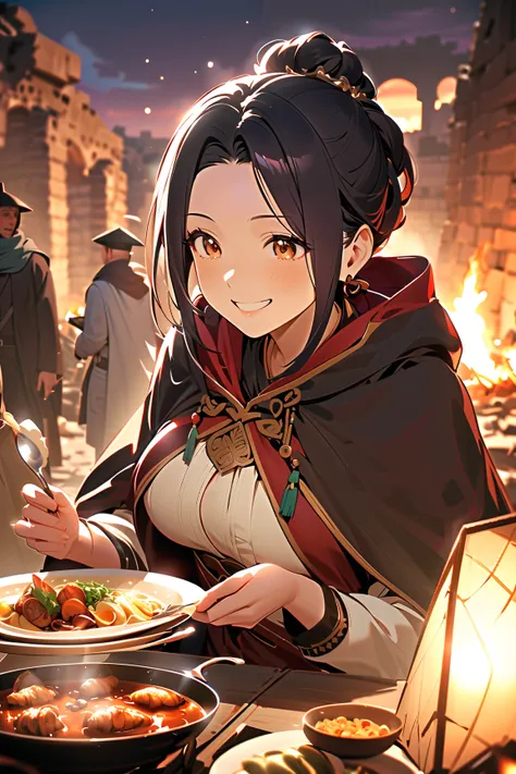 1 girl, (cute face), 21 years old, medium length hair tied back, (cheerful expression:1.2), large breasts, slim, (wearing a stylish cloak and battle skirt), muted tones, (smooth skin), BREAK  
Ancient ruins as backdrop, crackling campfire, (enjoying a feas...