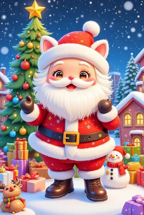 furry Santa Claus smiling, jellycat style, Christmas trees background, Christmas lights in the background, There are many gifts around, Santa Claus cute,smiling,There are snowmen and reindeer next to Santa Claus, huggable plush toy, Christmas colors 