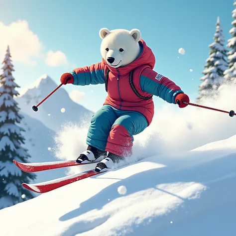 A dynamic illustration of a polar bear humanoid dressed in sleek ski gear, performing a graceful jump while skiing down a snowy mountain. The polar bears ski outfit is vibrant, with splashes of red and blue that stand out against the pristine white snow. T...