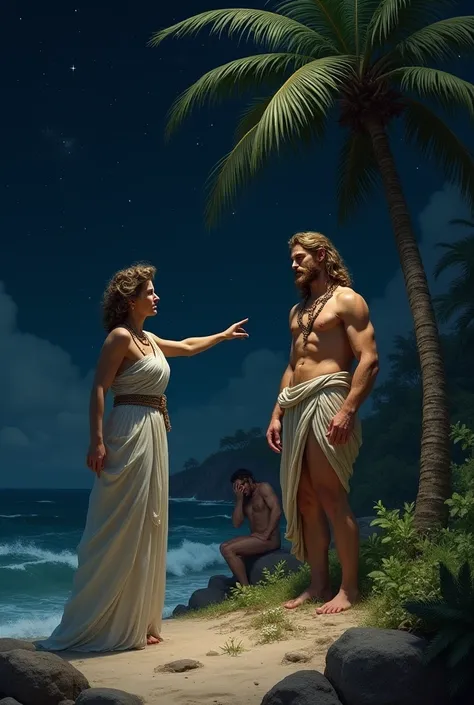 Daphne points to Dionysus and Apollo is crying a lot in the background of the island (drawn on real people) ( everything happens on an island at night with black skies and stars)