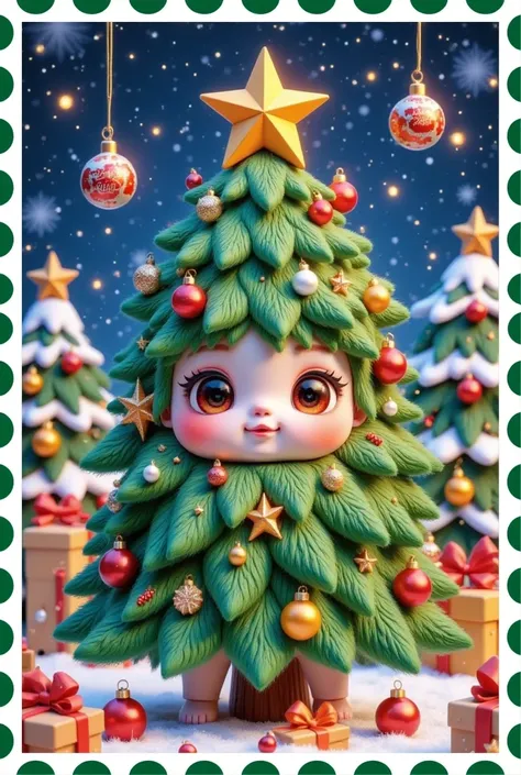 furry Christmas tree, four Sparkling Christmas decorations on the Christmas tree, jellycat style, Christmas elements background, Christmas lights in the background, linear eyes and mouth, smiling, cute,Embellished with a smiling face on its surface, it fea...