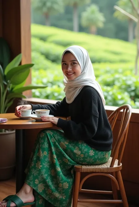 The photos are very realistic. A beautiful girl wearing a long white hijab smiling, wearing a black sweater, wearing a green Javanese batik cloth underneath, wearing green leather sandals, is sitting relaxed in a café in a tea plantation, while drinking co...