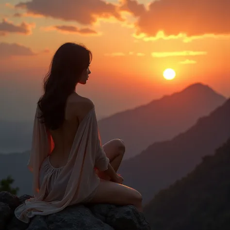 indonesian sexy lady 29 years old, sexy body, 165cm body height, 70kg bodyweight, naked covered by thin sexy robe, sit down while hands holding legs, looking at majestic sunrise, at top of mountain peak