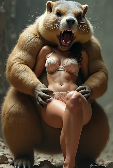 Super macho marmot holds beautiful lingerie woman in both hands