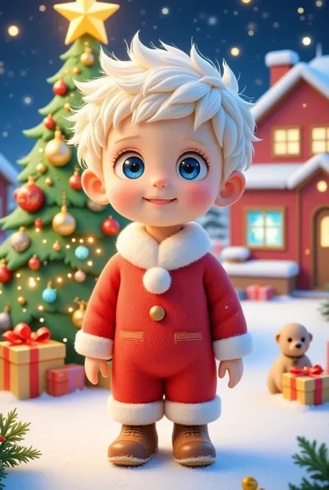 The Little Prince, with white hair and a Christmas hat, large light blue watery eyes, standing, with a Christmas atmosphere in the background, a green and gold glittering Christmas tree in ultra-high definition 32K, felt material, advanced filter, cute, su...