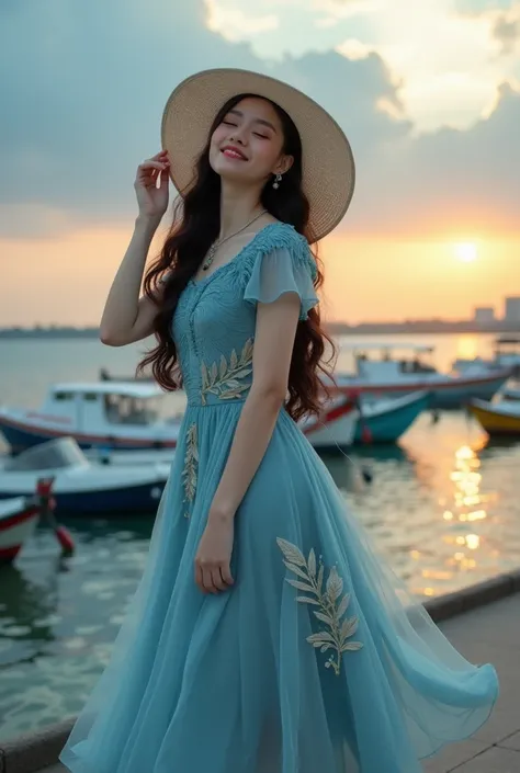 An extremely detail photo of an Asian woman with long hair wearing an elaborate short-sleeved bluish dress decorated with pleats on the shoulders and customized flat shoes. this dress has pakis leaf motifs, She is wearing a wide brimmed hat and is holding ...