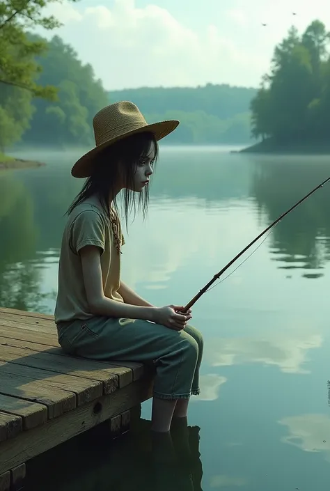 zombie girl with a straw hat on her head, sits on the pier and catches fish out of the water with a fishing rod