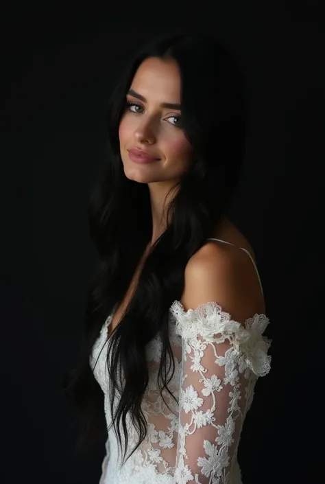  A woman with dark hair like night long to the waist , with beautiful gray eyes ,  tender features and sweet expression ,  with a black shadow around her ,  and be a figure from her head to her waist ,  wearing a long-sleeved lace wedding dress ,  three ma...