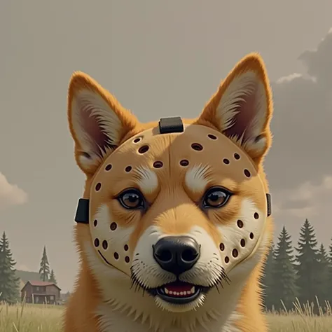 Shiba inu with a jason voorhees mask, cartoon, friday the 13th background