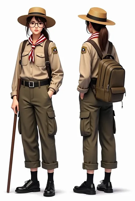 A realistic photography, ultra HD, super like a real, detailing, high resolution, perfect neat mockups a scout uniform a woman with loose pnytail hair with wearing fedora hat made of woven bamboo with glasses with a neat light brown shirth button with one ...