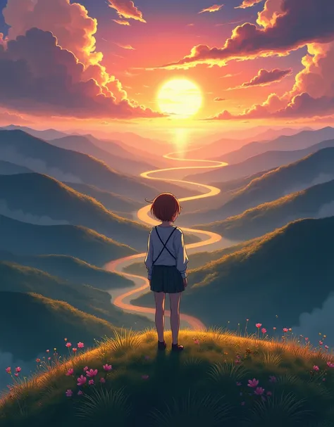 "A anime-style character standing on a hill at sunset, looking back at a winding path filled with both dark clouds and bright sunshine, symbolizing the ups and downs of life."