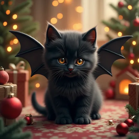 cute little fluffy baby black cat with demon wing, christmas theme