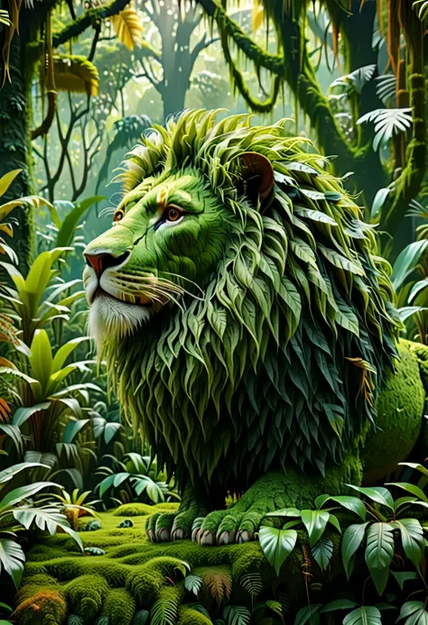 a moss-covered lion in the jungle, birds flying nearby, eco-aesthetic, detailed foliage, lush vegetation, natural lighting, vibrant colors, photorealistic, 8k, highly detailed