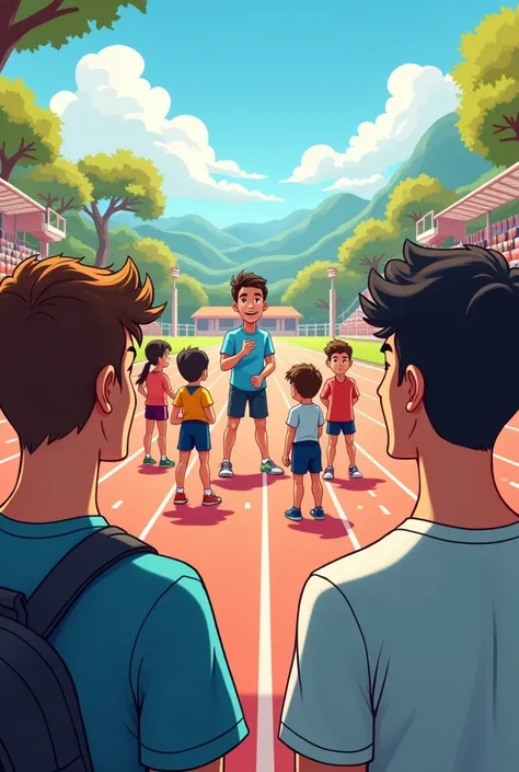 Two male friends curiously watching a coach who talks to a group of young people and points to the cartoon-like athletic track