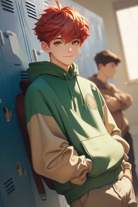 19-year-old young man Cute brown-red hair with bangs, wearing a green hoodie, long pants, no smiling,Keep a straight face, hazel eyes, is a British high school teenager, leaning against a locker.