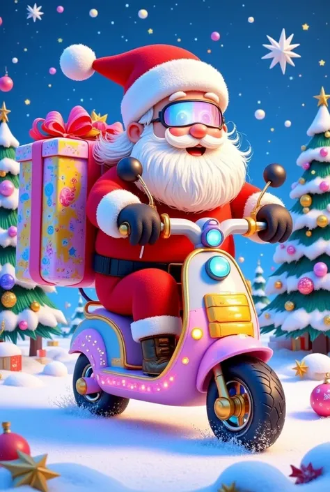 3D cartoon-style image of Santa Claus on a scooter with a present box, set in the 24th century. In the background, a Christmas tree and a winter landscape with Christmas lights and decorations around.