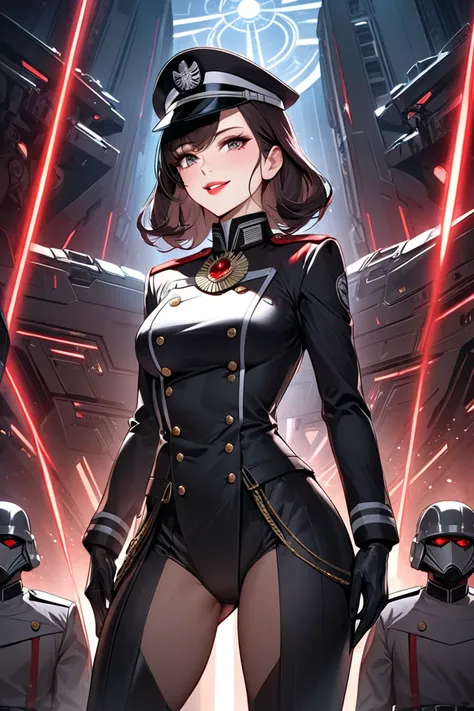  On the command bridge of an imperial destroyer , , an imperial officer stands out among the crew for her imposing bearing and a presence that radiates authority and magnetism.. His tight uniform ,  impeccably black ,  enhances his stylized figure ,  with ...