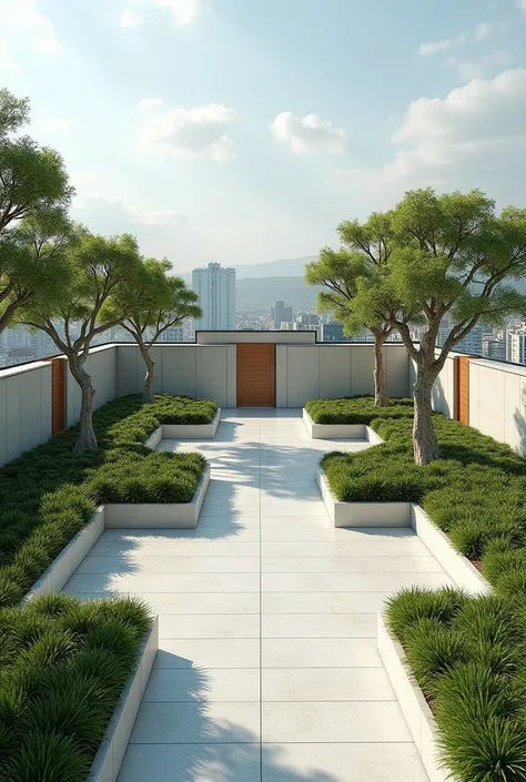 Professional 3d architecture rendering design of modern and minimal and high tech for roof garden with 20 length meters and 15 meters width with modern space for chid and modern flower boxes around the roof with Japanese trees 