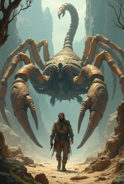 A man walks with a giant scorpion king