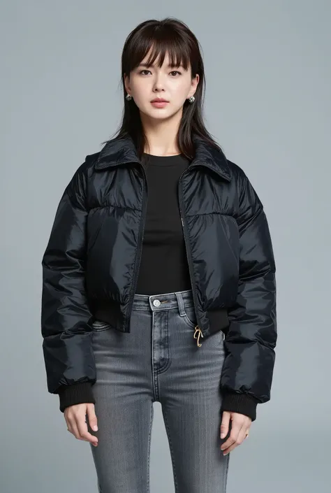 young Japanese woman、 tabe mikako、black hair、 ear piercing、 big smile when looking back、 beautiful alignment of teeth、 black down jacket、 skinny denim、 sneakers、Black socks、 full body photo、Gray background

