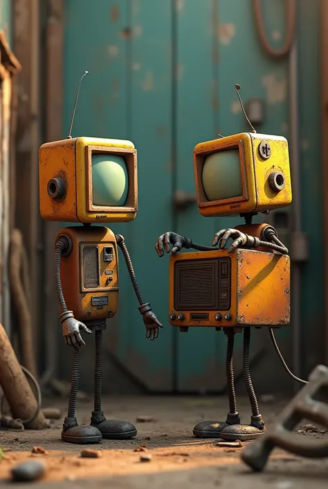 3D animation ,  old radio ,  has legs ,  little hands black like a human ,  and mouth ,  talking alongside an old computer monitotor, whos got hands ,  feet and mouth too ,  theyre like joking ,  beground a junkyard 