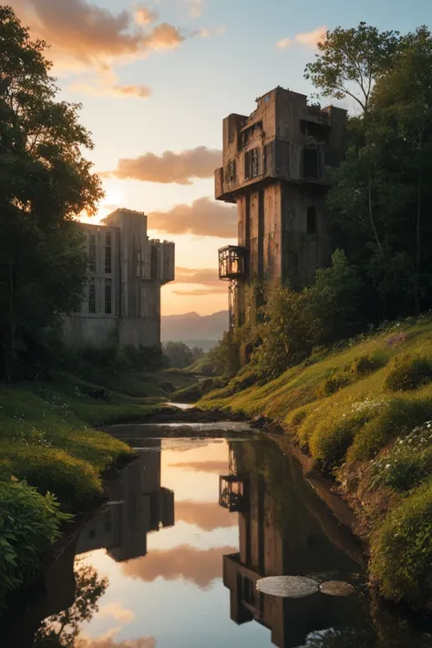 Create an image of a serene sunset over a rural landscape. The sky should be filled with vibrant orange and blue hues, with scattered clouds reflecting the sunlight. In the foreground, there should be a dilapidated building on the left side, partially cove...