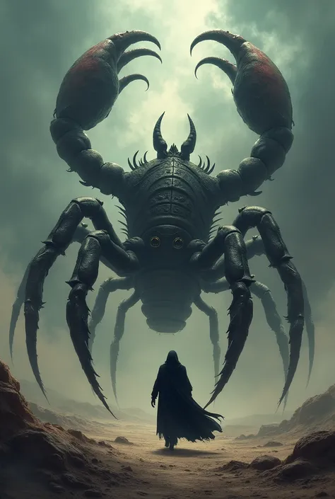 A man dressed in black walks with a giant scorpion king