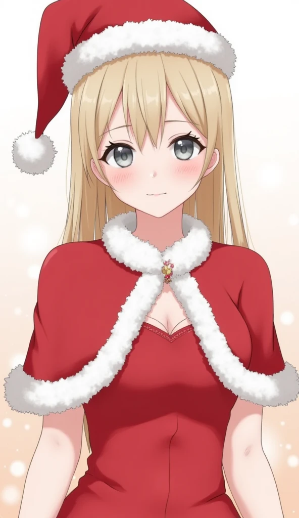 1girl, solo,dark blonde hair,grey eyes,long hair,straight hair, long hair, blush, red capelet, christmas, santa dress, capelet, dress, fur-trimmed capelet, santa costume, santa hat, red dress, red headwear, bangs, breasts, fur-trimmed dress, hat, fur trim,...