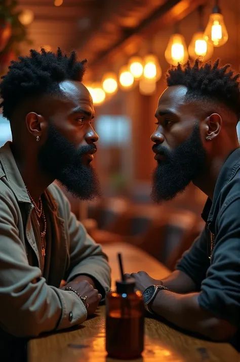 ((best quality)), ((masterpiece)), (detailed), perfect faces, young bearded africans men discussing at the bar, street wear 