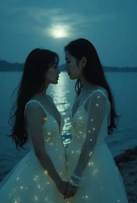 Ultra-HD cinematic medium shot of adorable korean women standing on the moonlit beach, . His chiseled face is illuminated by the soft glow of the full moon, beads of sweat glistening as his wide, terrified eyes meet Isla’s sorrowful gaze. Isla, standing at...