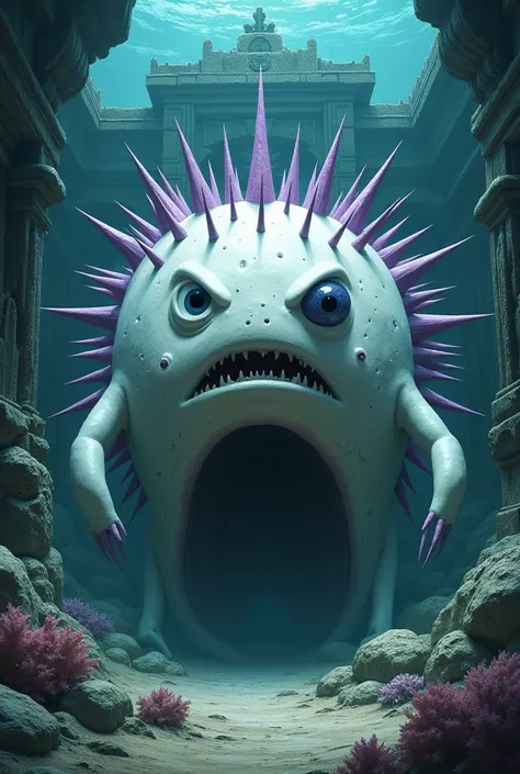 Giant, albino, pufferfish, purple spikes, big one eye covering face, no mouth, Angry expression, blind eye, underwater temple